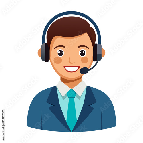Positive customer care agent with headset smiling confidently against simple white background