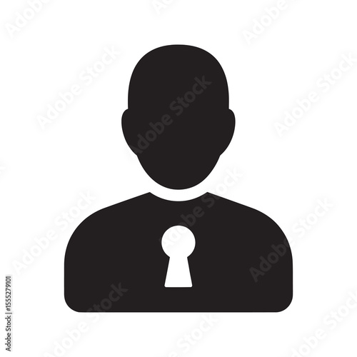User account privacy icon with a person avatar and a keyhole symbol representing personal data security and a private profile login vector solid glyph icon