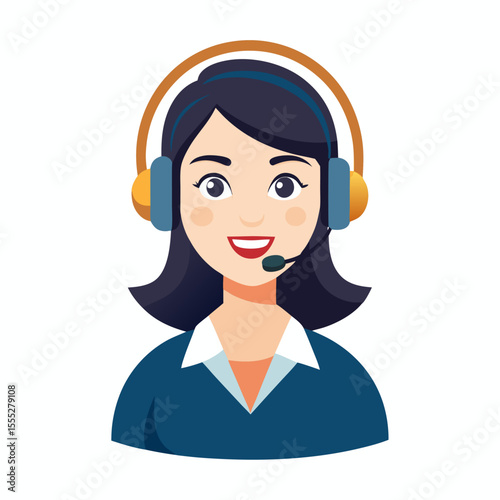 Professional woman customer service representative smiling with microphone on clean white background