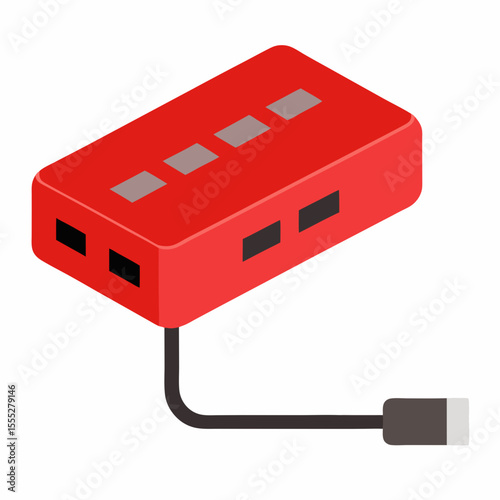 Red usb hub with multiple ports and cable