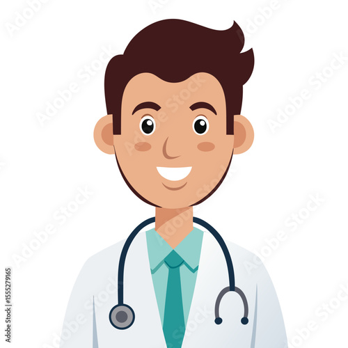 Smiling healthcare professional wearing white coat and stethoscope standing against white backdrop