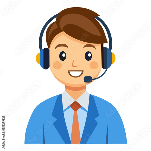 Friendly young male call center worker in headset offering quality service on white backdrop