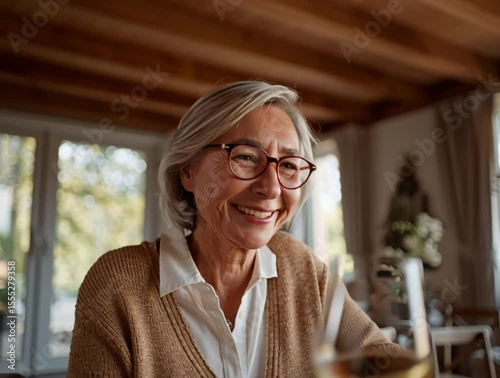 A senior woman is seated at a cozy dining table, laughing heartily while holding a glass of wine.