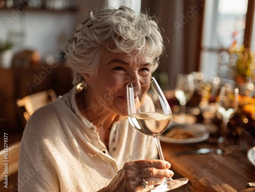 A cheerful senior woman is seated at a warmly lit dining table, enjoying a meal and laughing heartily