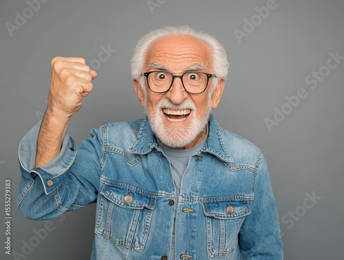 A cheerful and vibrant senior man in a denim jacket is captured mid-celebration, raising his fist in the air with an enthusiastic expression