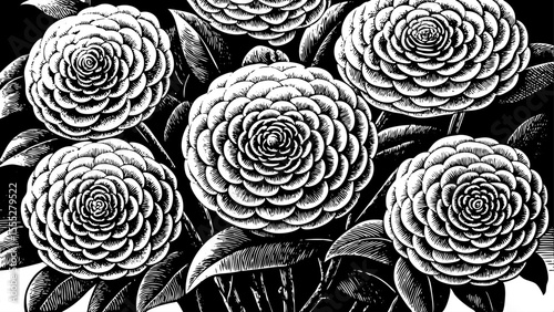 Camellia flower with spiral petals and a dense floral structure, a black and white sketch vector hand drawn