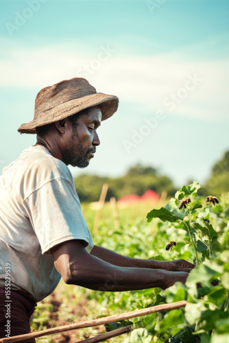 Idyllic countryside scene of a person in a straw hat tending green crops under soft sunlight