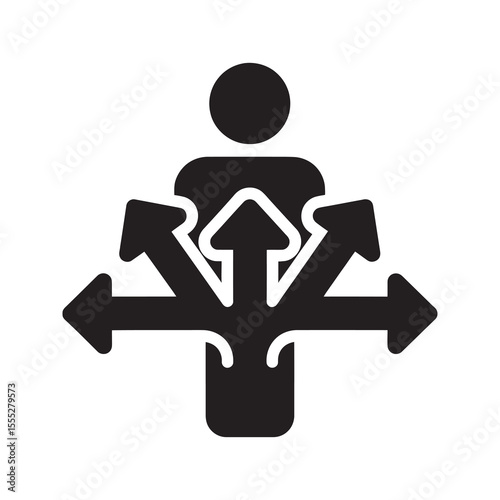Strategic choice icon with a person facing multiple path options representing a business decision for a new opportunity and direction vector solid glyph icon
