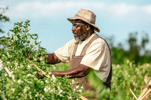 Candid scene of a person working in a lush green crop field under soft clouds, wearing a straw hat