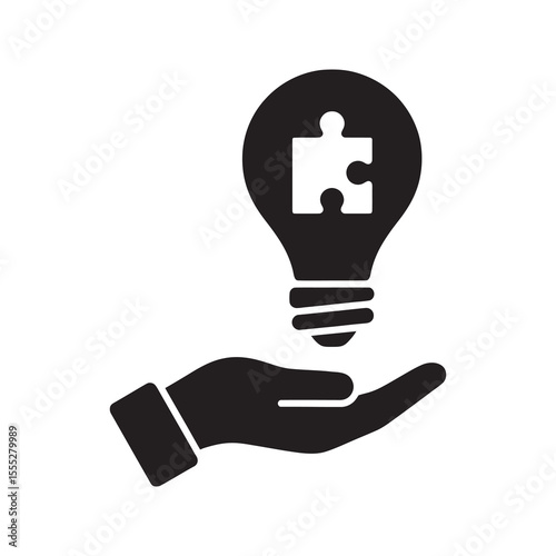 Creative solution and innovation icon with a hand holding a lightbulb with a puzzle piece representing a new idea for a business problem vector solid glyph icon