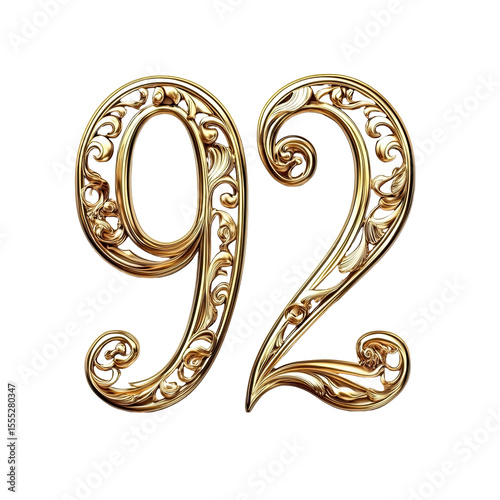 Ornate Golden Number 92 Isolated on Transparent Background in Elegant Floral Design