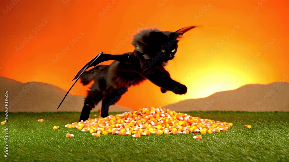 Black cat with bat wings flying over candy corn, Halloween trick or treat concept. Copy space for text