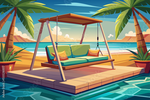 vector of A beautiful and stylish sofa that floats on the water next to the beach and is very relaxing and romantic for people to use.