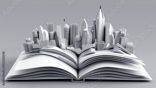A minimalist 3D pop-up book featuring a city skyline, elegantly crafted with layered structures, artistic design, copy space