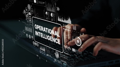 Hands Typing on Laptop with Operational Intelligence Data Visualization Displayed on Screen in Modern Office Setting. Asymptotic smart data analytic.