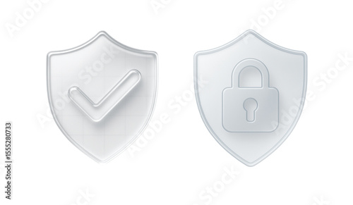 Glassmorphism Security Shield Icons – 3D Lock and Checkmark UI Symbols for Apps & Web
