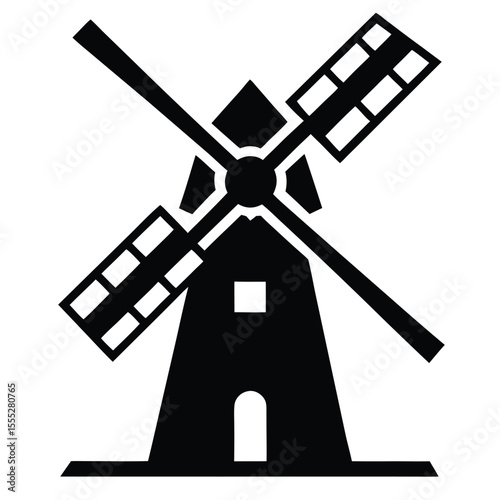 Windmill House Icon, Traditional Energy Vector, Rural Farm Symbol, Dutch Building Silhouette

