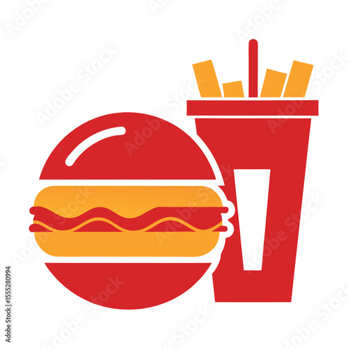 Bold Fast Food Duo: Hamburger and French Fries with Drink Red & Orange Flat Vector isolated on white background
