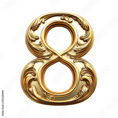 Ornate Golden Number Eight Isolated On Transparent Background Displaying Baroque Style Floral Design