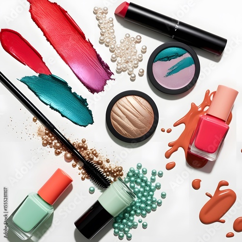 Variety of makeup products swatches spills and decorative pearls on white background