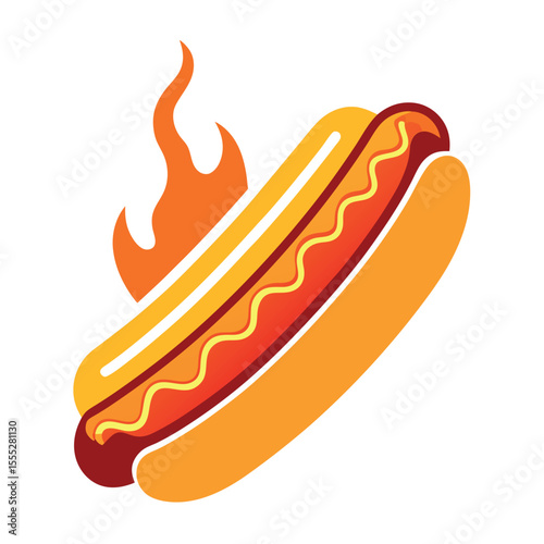 Fiery Hot Dog with Mustard and Flames Flat Vector Illustration for Fast Food isolated on white background

