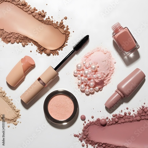 Overhead view of various makeup products including powder foundation mascara nail polish spilled on white surface