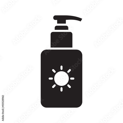 Sunscreen dispenser bottle icon with a sun logo for applying sunblock lotion or cream for skin protection from UV radiation vector solid glyph icon