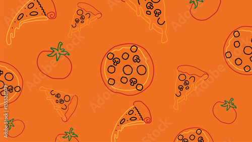Cartoon pizza slice and tomato background