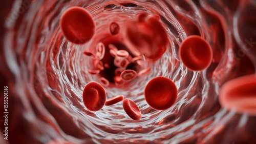 Red blood cells flowing through a blood vessel in human circulatory system, ideal for educational and biology representations.