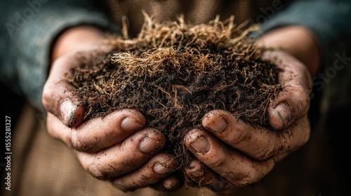 Farmer holds a burlap sack filled with dried herbs in his dirty hands on a farm in the countryside