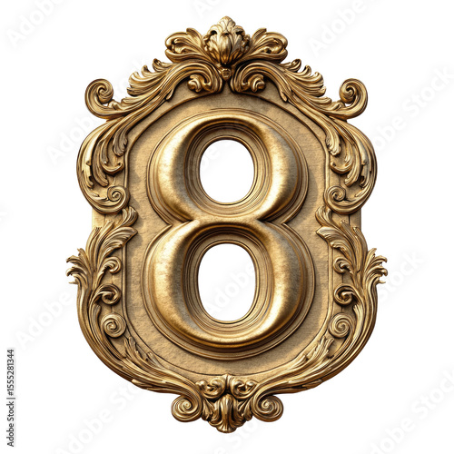 Ornate Golden Number Eight Within Decorative Rococo Frame on Transparent Background