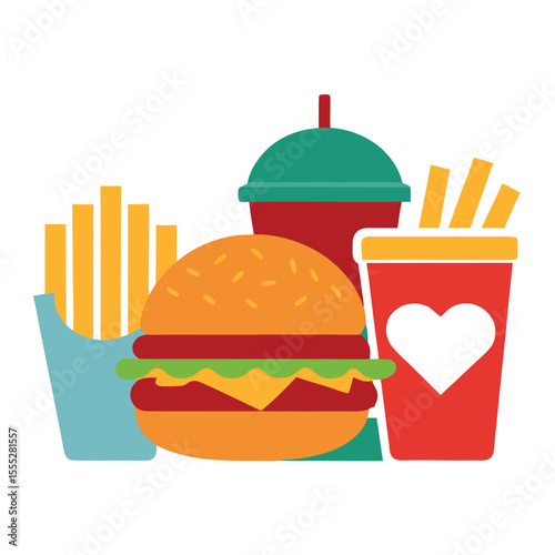 Delicious Fast Food Meal: Hamburger, French Fries, and Drinks Flat Vector Illustration isolated on white background
