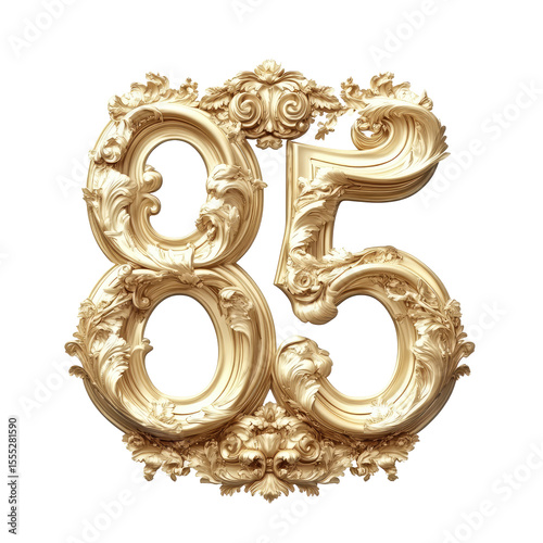 Ornate Golden Number Eighty-five With Baroque Detailing on Transparent Background