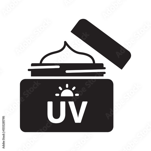 UV protection cream icon with an open jar of sunscreen lotion and UV label for broad spectrum skincare and sun damage prevention vector solid glyph icon