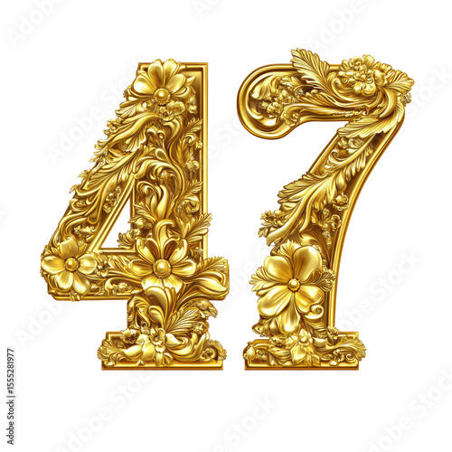 Ornate Golden Number Forty Seven with Floral Decorative Details Isolated on Transparent Background