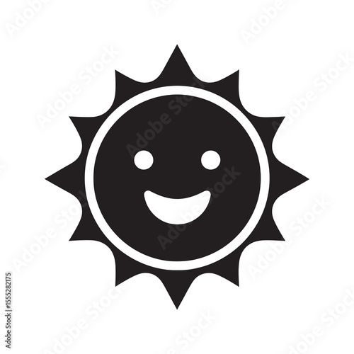 Happy sun character icon with a smiling face representing summer fun sunny weather a positive forecast and childrens holiday activities vector solid glyph icon