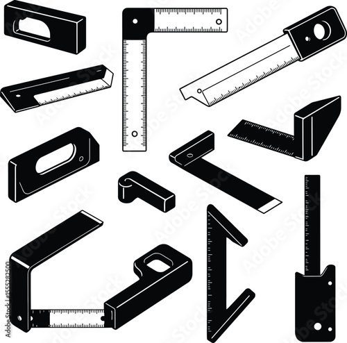 Vector and illustration of various combination squares, a versatile collection of measuring and marking tools essential for carpentry, metalwork, and DIY projects.
