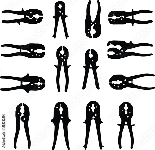 Vector illustration set of various crimping tools, ideal for electrical wiring, networking, and connector installation, showcasing essential industrial and DIY equipment.