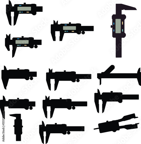 Precise digital caliper vector illustration set for engineering, manufacturing, and workshop use, depicting various angles of this essential measurement tool for accuracy and quality control.