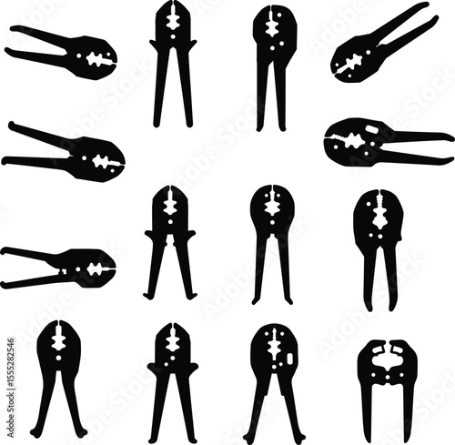 Vector illustration set of various crimping tools, ideal for electrical wiring, networking, and connector installation, showcasing essential industrial and DIY equipment.