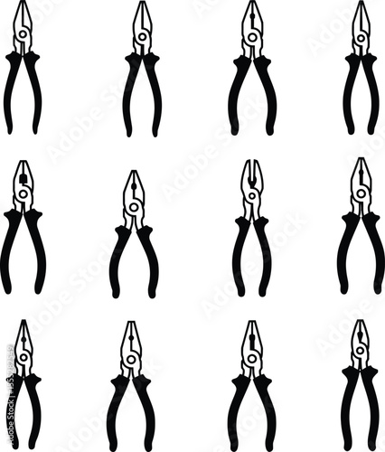 Vector illustration set of various cutting pliers, ideal for electrical work, wire stripping, and general repairs, highlighting essential tools for DIY and professional use.