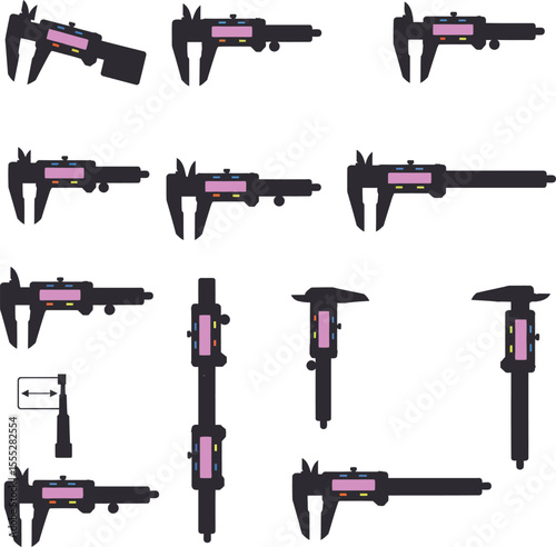 Precise digital caliper vector illustration set for engineering, manufacturing, and workshop use, depicting various angles of this essential measurement tool for accuracy and quality control.