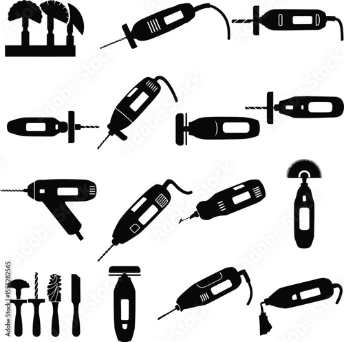 Comprehensive vector illustration of various Dremel rotary tools and accessories, perfect for intricate DIY, crafting, engraving, drilling, and hobby projects, showcasing versatility and precision.