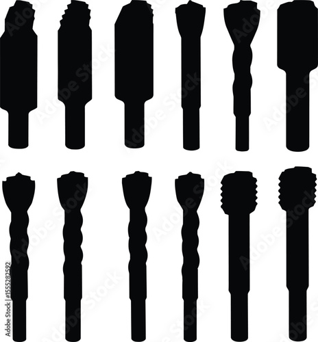 Vibrant vector illustration of a diverse set of colorful drill bits, perfect for construction, woodworking, and DIY projects, symbolizing precision and craftsmanship in various industries.