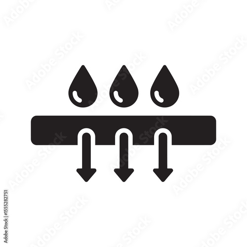 Water absorption icon with drops filtering through a layer representing absorbent material waterproof technology and moisture control vector solid glyph icon