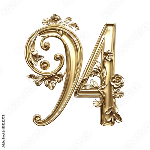 Ornate Golden Number Ninety Four With Floral Design on Transparent Background