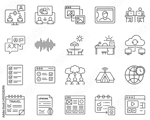 Freelance vector icon set depicting remote work and collaboration symbols