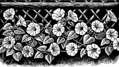 Morning glory climbing along a vine with soft trumpet-shaped petals, a black and white sketch vector 