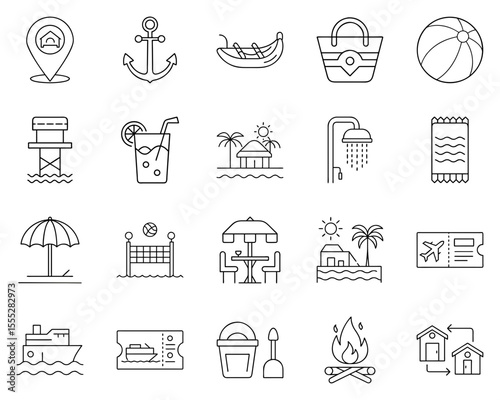 Beach lifestyle vector icon set featuring summer activities and symbols