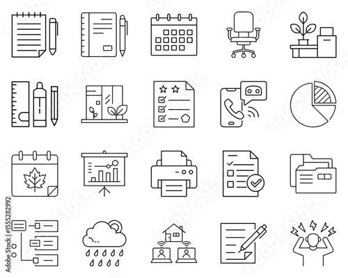 Back-to-Work vector icon set featuring office tools and tasks in black outlines